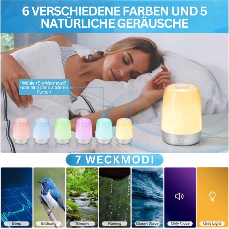 SoundGlow – Multifunktionales Uhrenlampengerät mit einstellbarem Licht und natürlichen Klängen