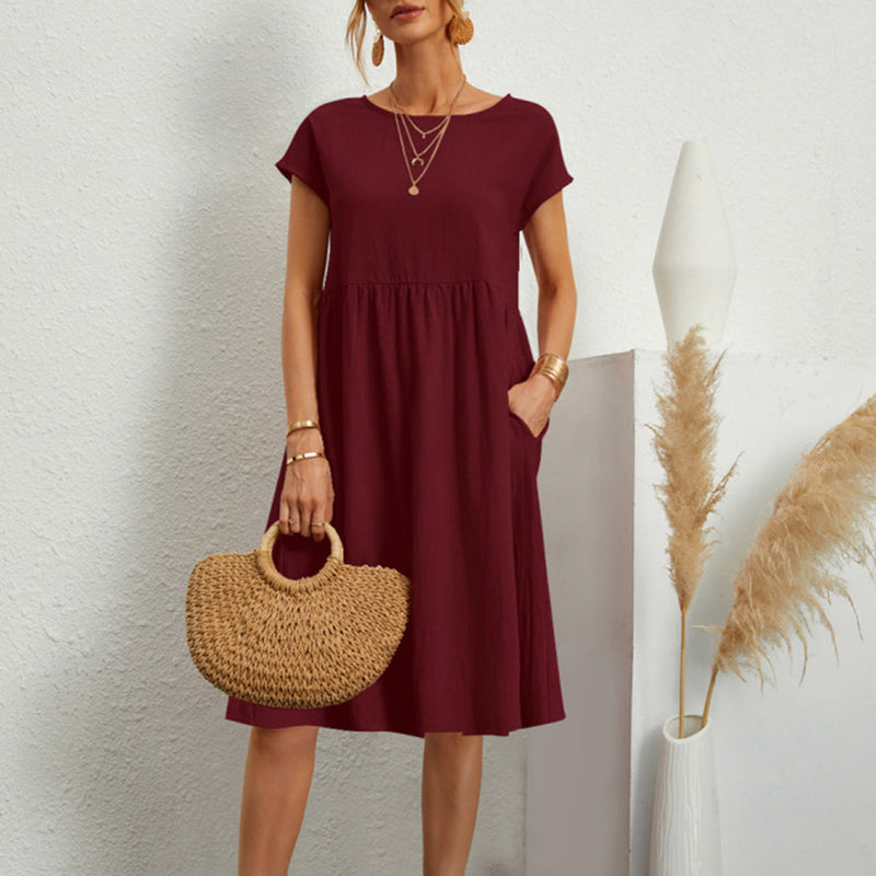 Gudrun – Leichtes knielanges Kleid mit Rundhalsausschnitt kurzen Ärmeln und Taschen