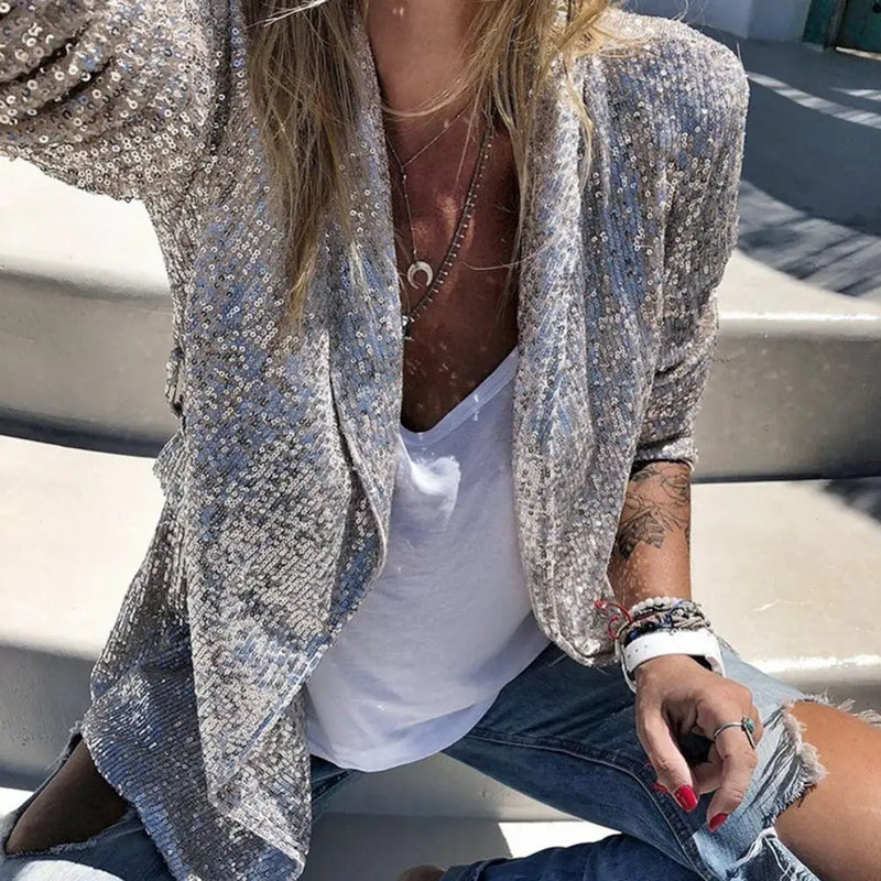 Hanna - Stylischer Pailletten Blazer mit langen Ärmeln und offener Frontgestaltung