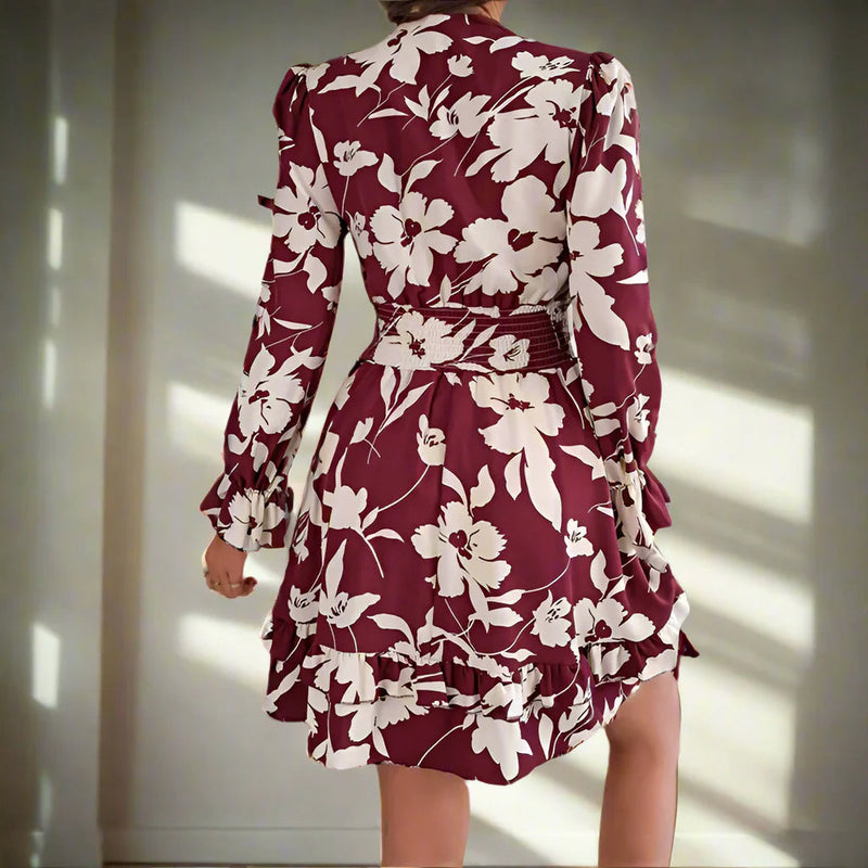 Marlene – Modisches Blumen Minikleid mit V Ausschnitt und langen Ärmeln