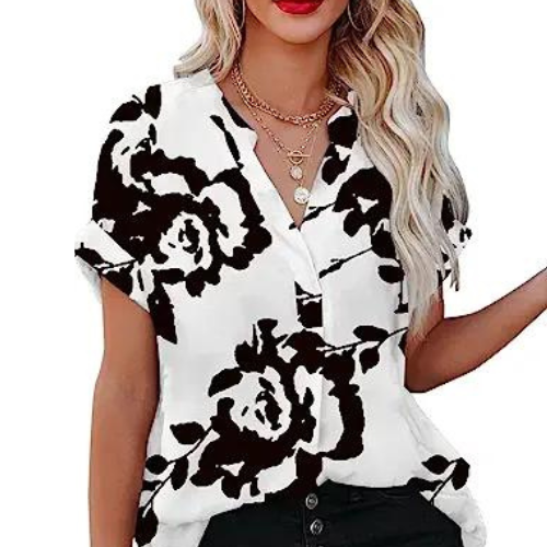 Elena – Lässige V-Ausschnitt Bluse mit kurzen Ärmeln und auffälligem Design