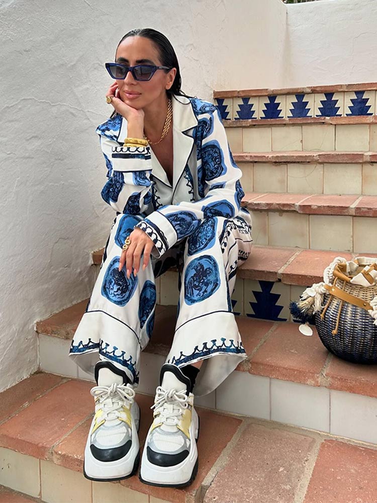 Freya - Bedrucktes Hemd Mit Weite Hosenbeine Hosen Zweiteiliges Set