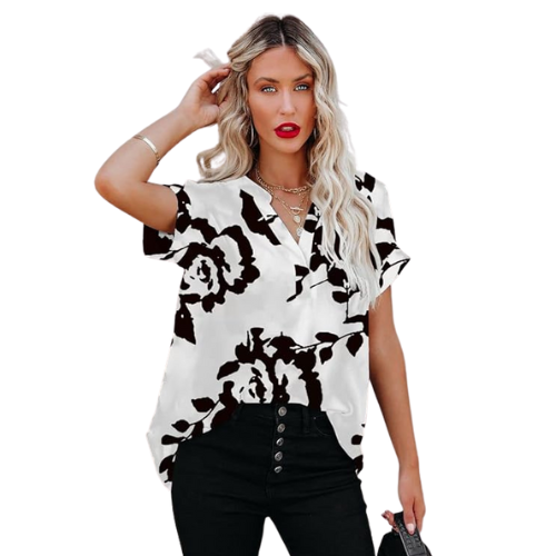 Elena – Lässige V-Ausschnitt Bluse mit kurzen Ärmeln und auffälligem Design