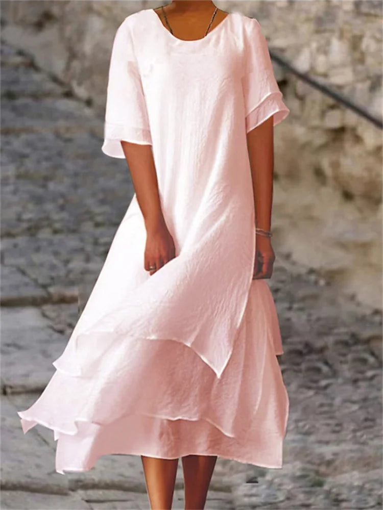 Sabine – Bequemes Doppellagiges Kleid mit Kurzarm und Rundhals