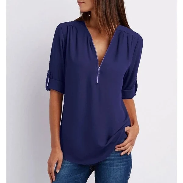 Mila – Lässige V Ausschnitt Bluse mit Reißverschluss Detail und verstellbaren Halbärmeln