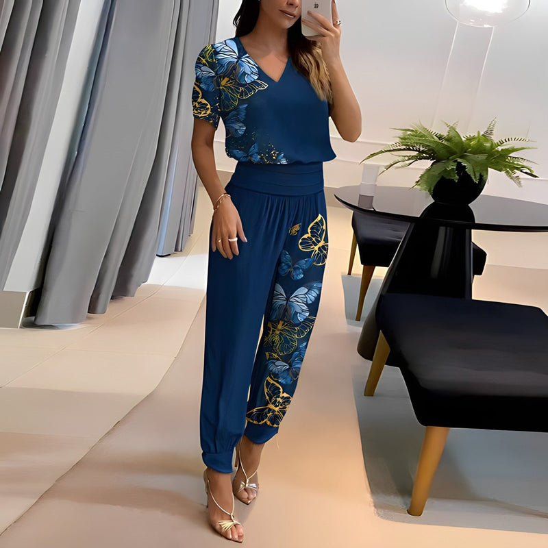 Emma – Zweiteiliges Set mit kurzärmliger Bluse mit V-Ausschnitt und bedruckter Hose
