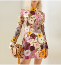 Elysia - Langärmelig Blumen Gestickt Minikleid