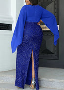 Zarine – Stilvolles Slim Fit Kleid mit V Ausschnitt ausgestellten Ärmeln und Schlitz Rückseite