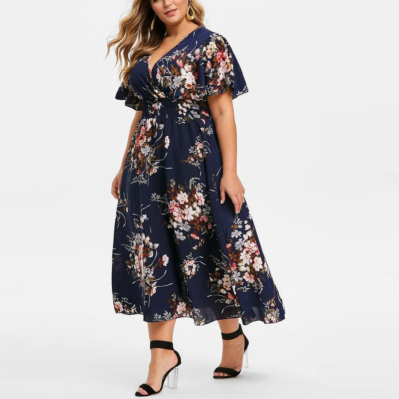 Zayana – Stilvolles Blumenmuster V-Ausschnitt Kleid mit Kurze Ärmel