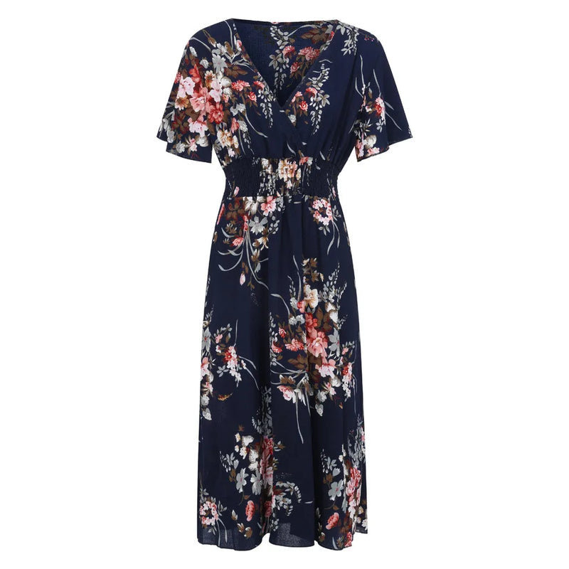 Zayana – Stilvolles Blumenmuster V-Ausschnitt Kleid mit Kurze Ärmel