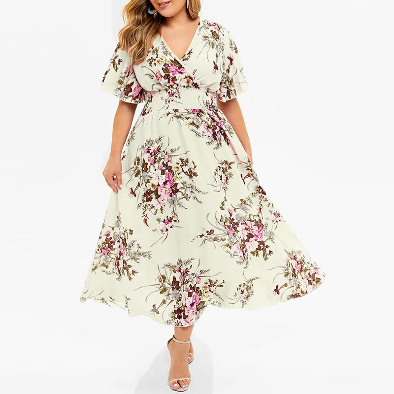 Zayana – Stilvolles Blumenmuster V-Ausschnitt Kleid mit Kurze Ärmel