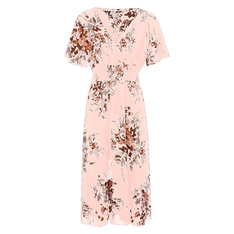 Zayana – Stilvolles Blumenmuster V-Ausschnitt Kleid mit Kurze Ärmel