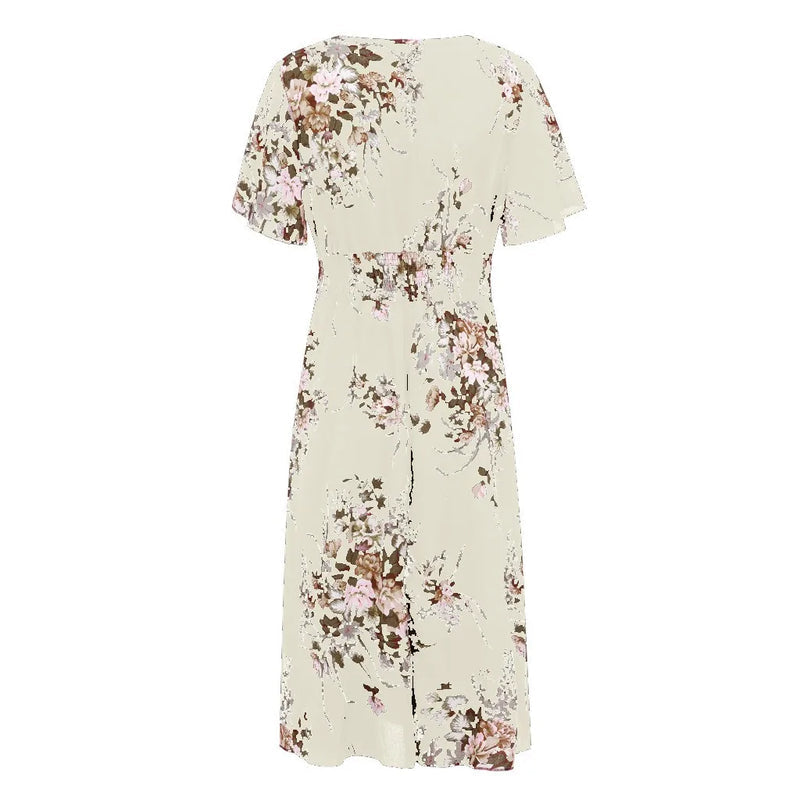Zayana – Stilvolles Blumenmuster V-Ausschnitt Kleid mit Kurze Ärmel
