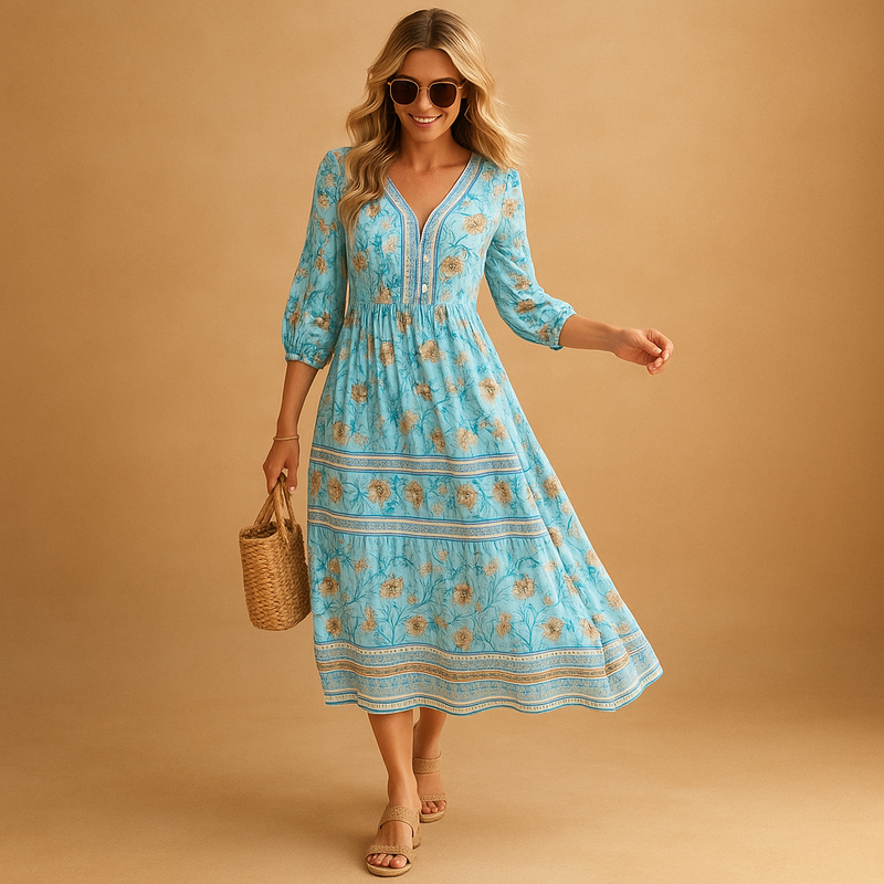 Viktoria – Stylisches bedrucktes Kleid mit V Ausschnitt und langen Ärmeln
