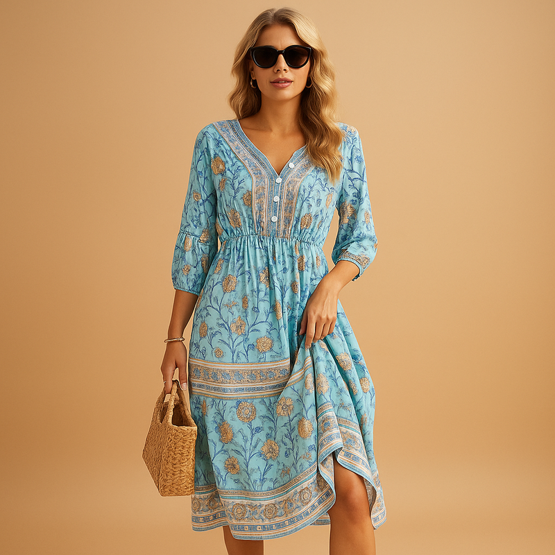 Viktoria – Stylisches bedrucktes Kleid mit V Ausschnitt und langen Ärmeln