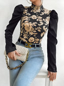 Amara – Blumenbluse mit hohem Ausschnitt und Puffärmeln