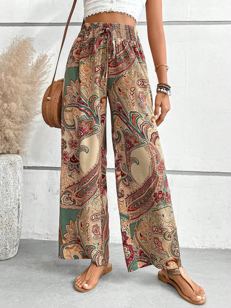 Gudrun - Lässige Hose mit hoher Taille und weitem Bein und künstlerischem Druck