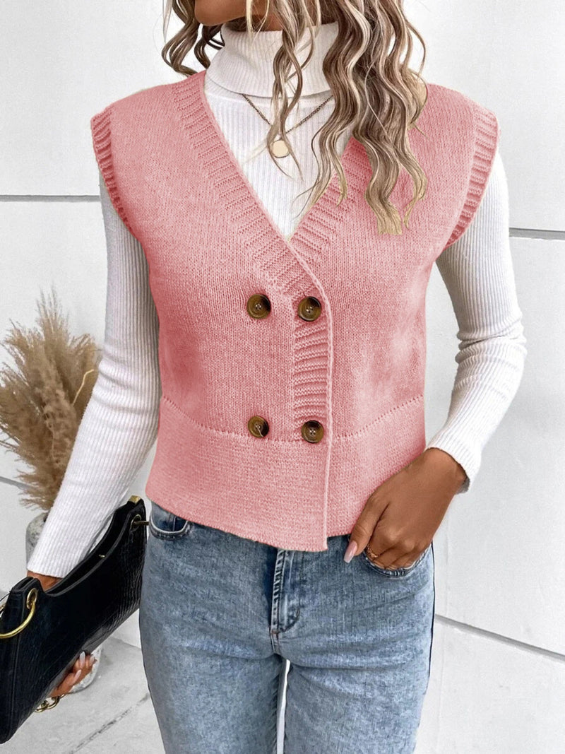 Larissa - Bequeme ärmellose Strickjacke mit V Ausschnitt und Knöpfen