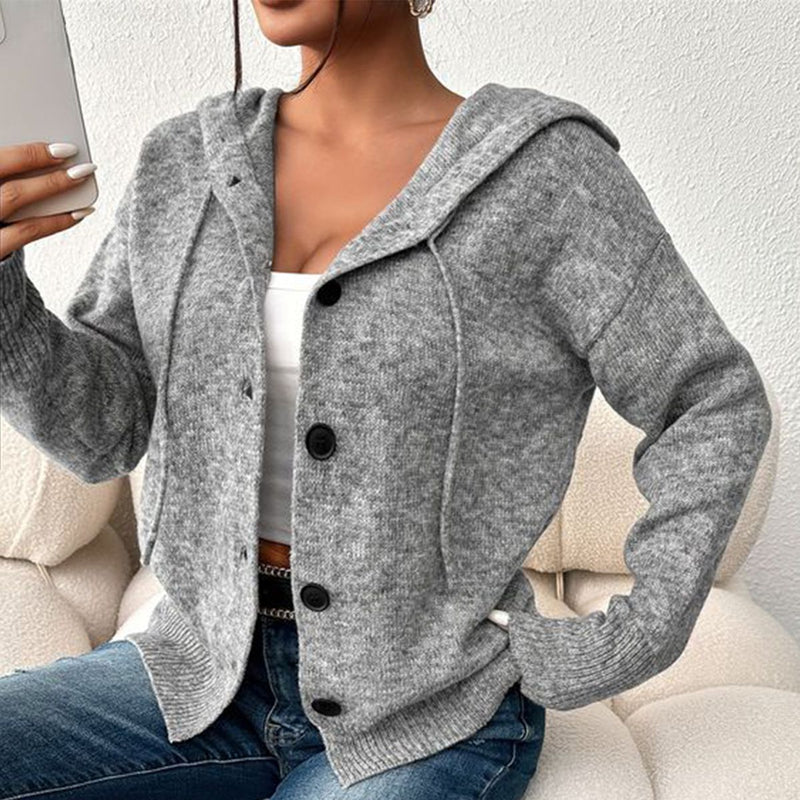 Ella - Langärmeliger Gestrickt Kapuze Strickjacke Mit Schaltflächen