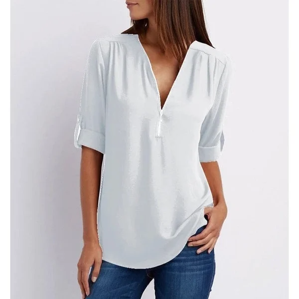 Mila – Lässige V Ausschnitt Bluse mit Reißverschluss Detail und verstellbaren Halbärmeln