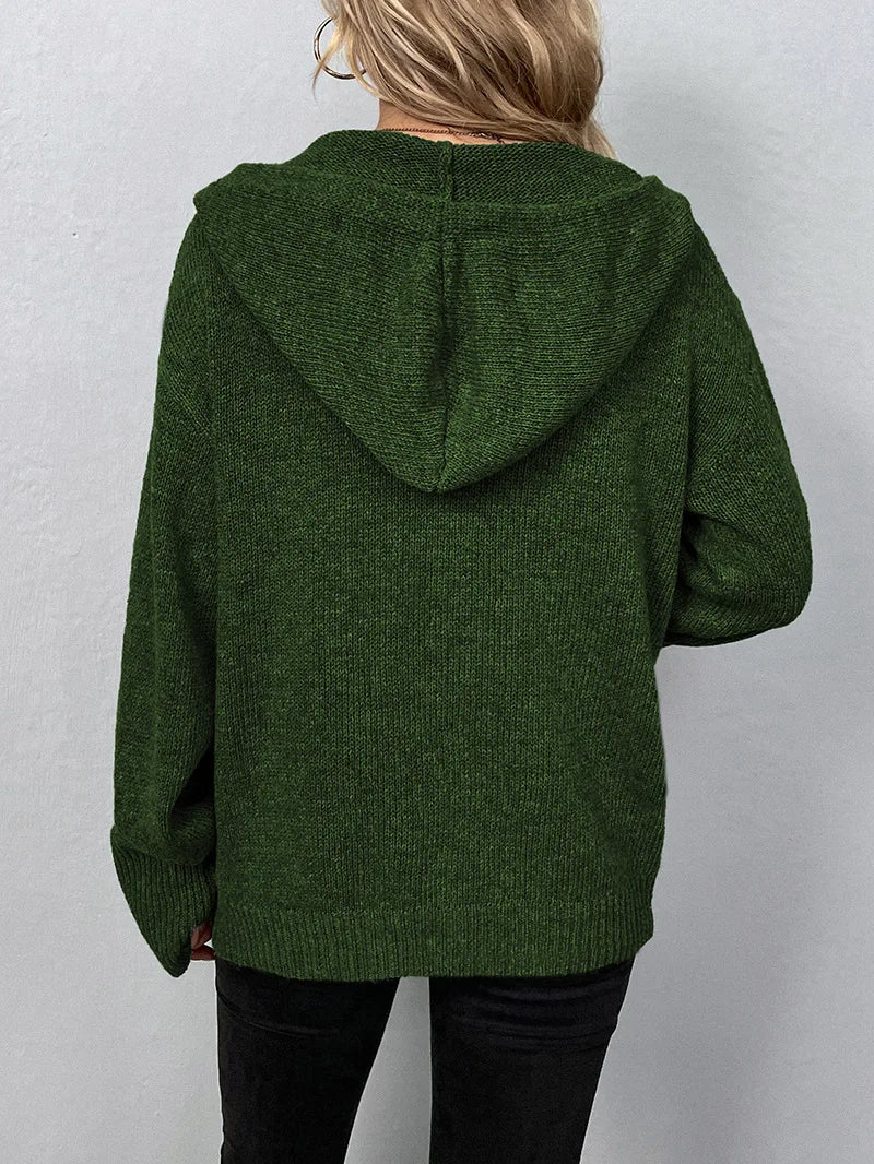 Gilda - Luxuriöses Langarm Knöpfe Strickjacke mit Kordelzug Haube