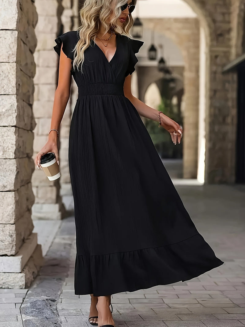 Gianna - Elegantes V Ausschnitt Kleid mit hoher Taille  und Rüsche Ärmeln