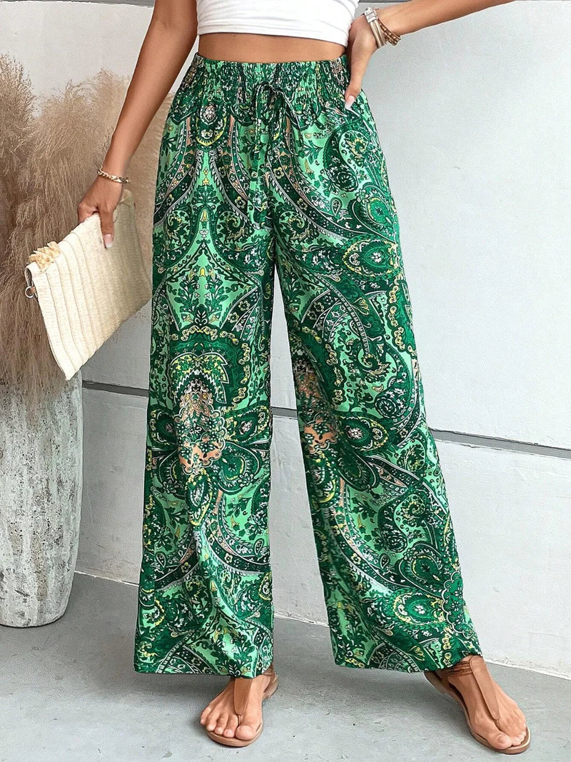 Gudrun - Lässige Hose mit hoher Taille und weitem Bein und künstlerischem Druck