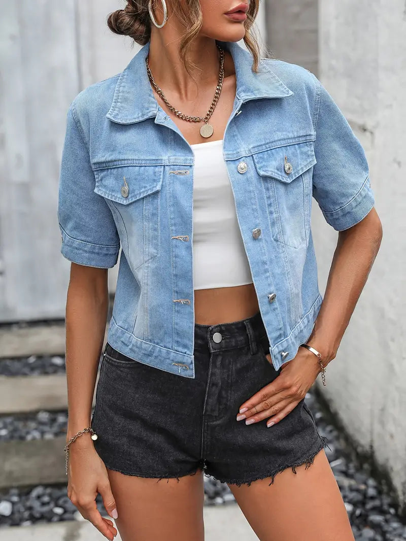 Leonie - Stylische kurzärmelige Jeansjacke mit Knöpfen und Taschen