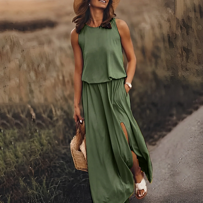 Adriana - Modisches ärmelloses Maxikleid mit Rundhalsausschnitt und Seitenschlitz