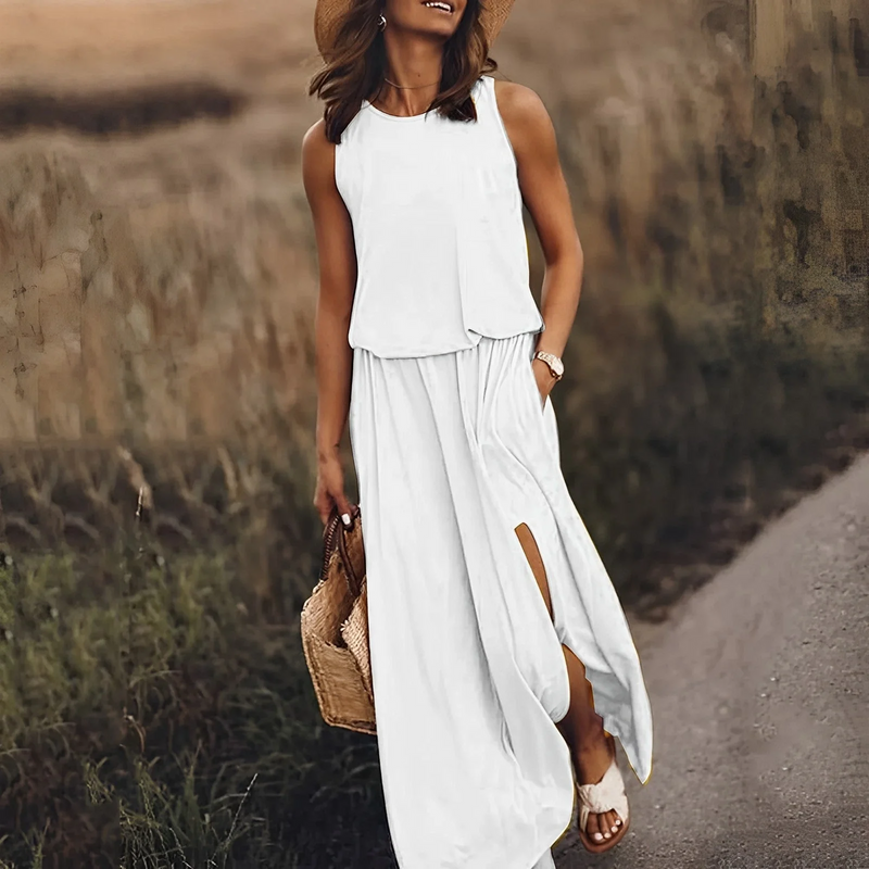 Adriana - Modisches ärmelloses Maxikleid mit Rundhalsausschnitt und Seitenschlitz