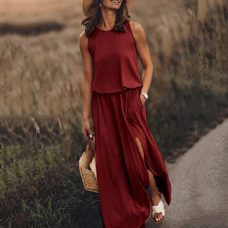 Adriana - Modisches ärmelloses Maxikleid mit Rundhalsausschnitt und Seitenschlitz