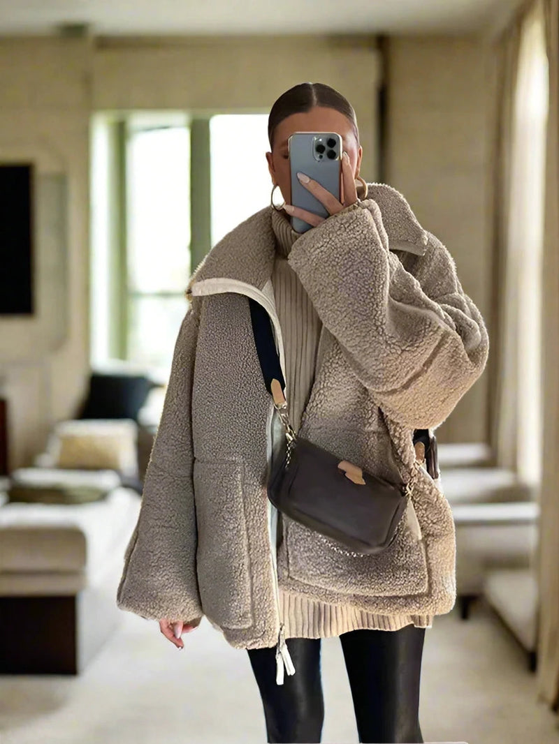 Ella - Langärmelig Überdimensionale Vlies Jacke Mit Reißverschluß