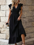 Gianna - Elegantes V Ausschnitt Kleid mit hoher Taille  und Rüsche Ärmeln