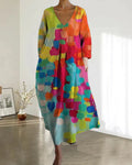 Annika – Modisches bedrucktes Langarmkleid mit V Ausschnitt und Seitentaschen