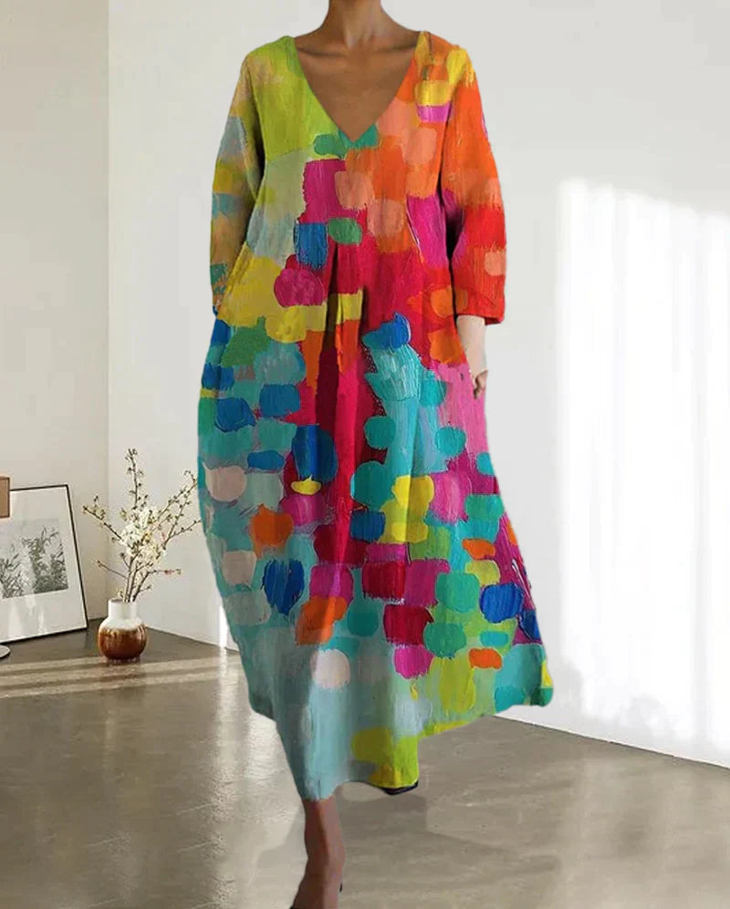 Annika – Modisches bedrucktes Langarmkleid mit V Ausschnitt und Seitentaschen