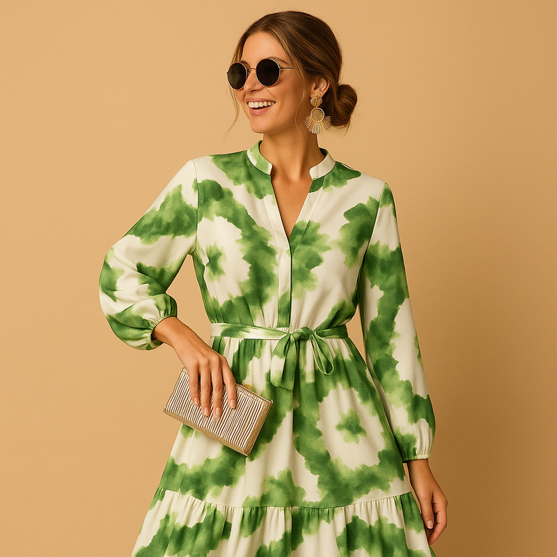 Eleni – Elegantes V-Ausschnitt Maxikleid mit Langarm und bedruckt