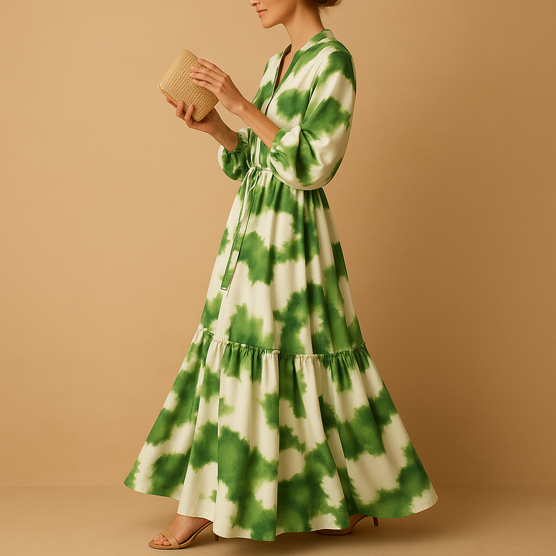 Eleni – Elegantes V-Ausschnitt Maxikleid mit Langarm und bedruckt