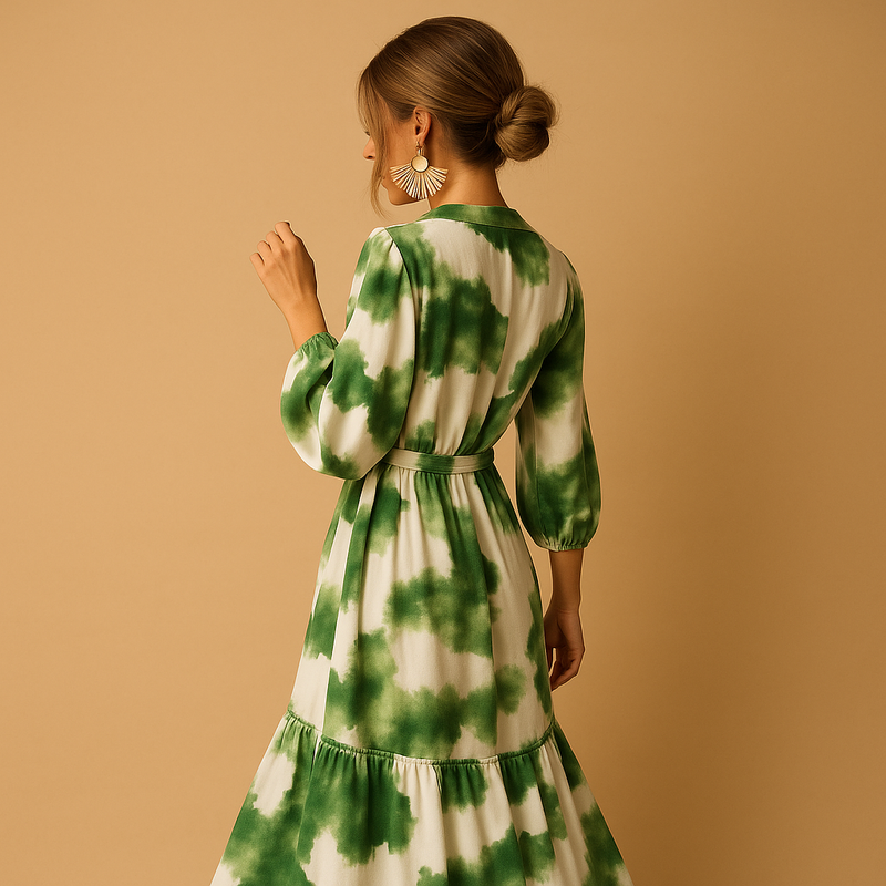 Eleni – Elegantes V-Ausschnitt Maxikleid mit Langarm und bedruckt