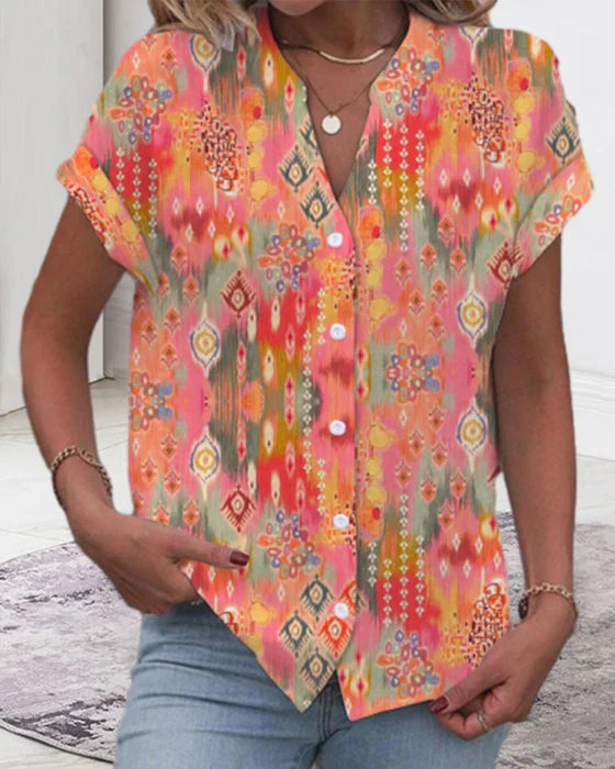 Andrea - Kurzärmelige Bluse mit V Ausschnitt einzigartigem Druck und Knopfleiste