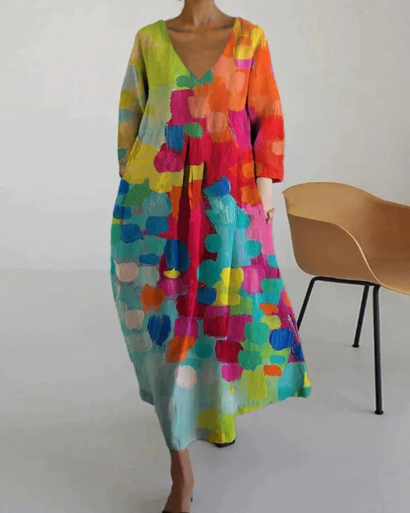 Annika – Modisches bedrucktes Langarmkleid mit V Ausschnitt und Seitentaschen