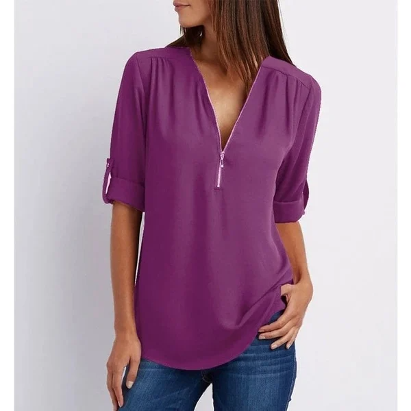 Mila – Lässige V Ausschnitt Bluse mit Reißverschluss Detail und verstellbaren Halbärmeln