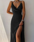 Birga – Elegantes ärmelloses Maxikleid mit V Ausschnitt Seitenschlitz und Spaghettiträgern