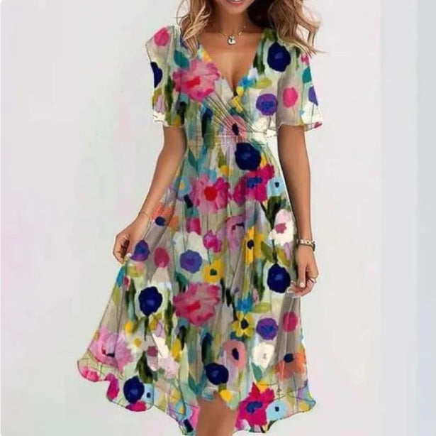 Nina - Modisches bedrucktes V Ausschnitt Kleid mit kurzen Ärmeln