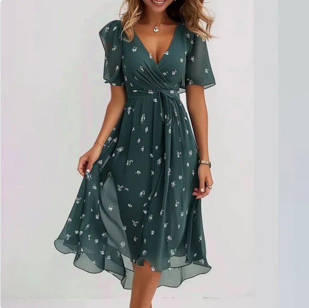 Nina - Modisches bedrucktes V Ausschnitt Kleid mit kurzen Ärmeln