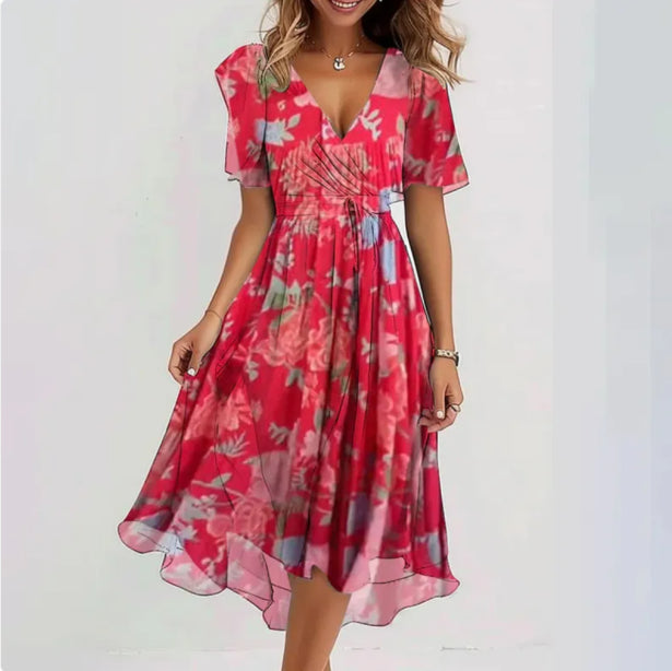 Nina - Modisches bedrucktes V Ausschnitt Kleid mit kurzen Ärmeln