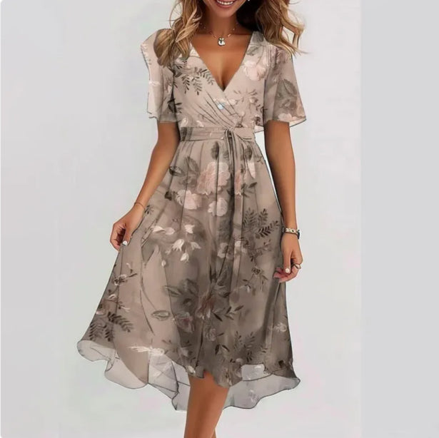 Nina - Modisches bedrucktes V Ausschnitt Kleid mit kurzen Ärmeln