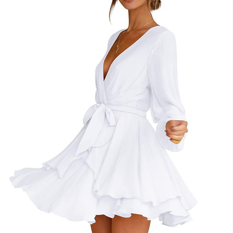 Simone - Modisches Minikleid mit tiefem V-Ausschnitt und Gürtel und Laternenärmeln