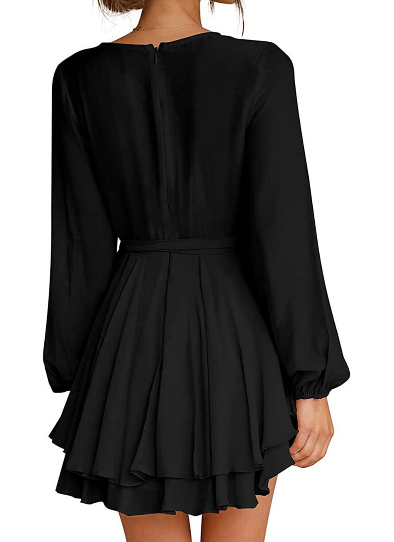 Simone - Modisches Minikleid mit tiefem V-Ausschnitt und Gürtel und Laternenärmeln