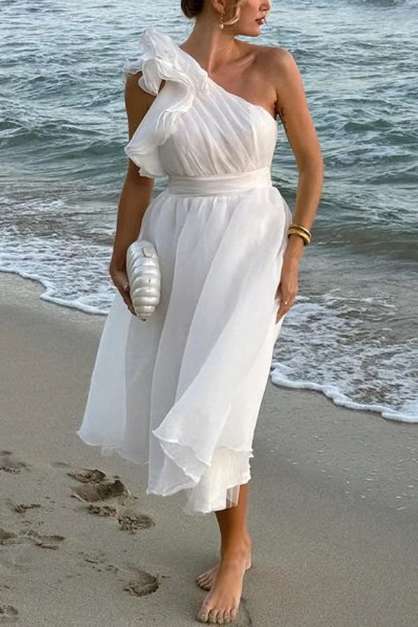 Elena - Lässiges One-Shoulder Midikleid mit fließendem Design