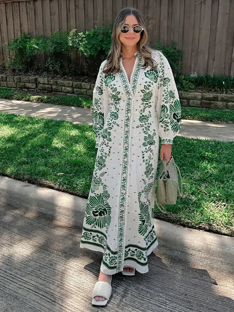 Pauline - Eleganter Blumendruck Kleid mit V Ausschnitt und langen Ärmeln